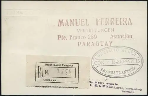Zeppelin Paraguay 1932 3. SAF Reko-Postkarte an Maschinist Thasler Si 155/ 1489