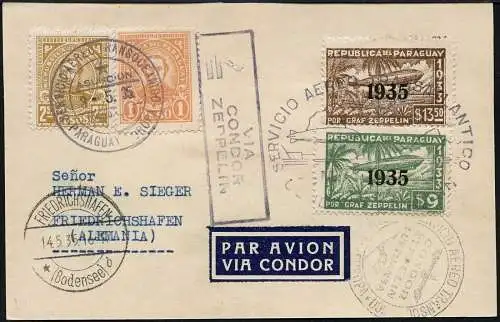 Zeppelin 1935 Paraguay 3. SAF Reko-Postkarte Asuncion F´hafen Si 298 / 2143