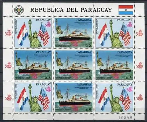 Paraguay 1986 Freiheitsstatue Schiff Ship Flaggen Flags 4009 Kleinbogen MNH