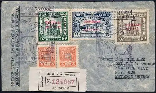 Paraguay 1937 Reko-Erstflugbrief FFC 452-454 via Panagra PAA New York / 326