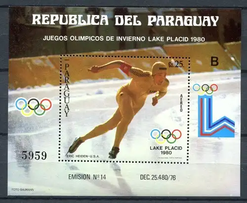 Paraguay 1980 Olympiade Olympics Lake Placid Eislauf Block 352 Postfrisch MNH