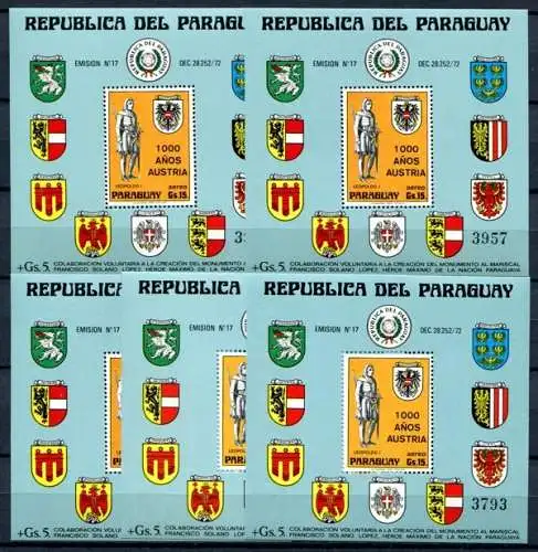 5x Paraguay 1976 Österreich Wappen Austria Block 268 Postfrisch MNH KW €250
