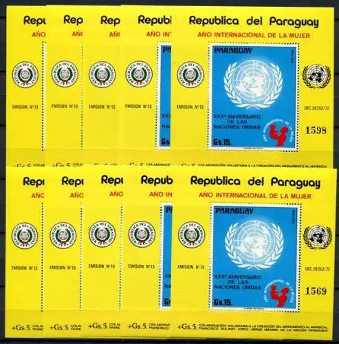 10x Paraguay 1975 UNO United Nations Block 250 Postfrisch MNH KW €150