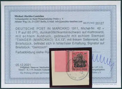 DP Marokko 1911 Germania 40 Pf Rand 42 Briefstück Tanger 8/4/13 Befund BPP / 41