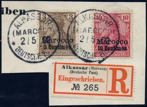 DP Marokko 1902 Michel 7+9 ° Alkassar 2/5/02 Type 1 Luxus Reko-Briefstück / 74