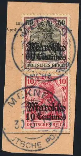 DP Marokko 1913 Michel 53+48 ° Meknes 30/5/13 Type 2 Kabinett Briefstück/PA / 76