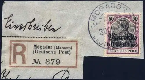 DP Marokko 1911 Michel 53 ° Mogador 30/9/11 Type 2 Luxus Reko-Briefstück / 81
