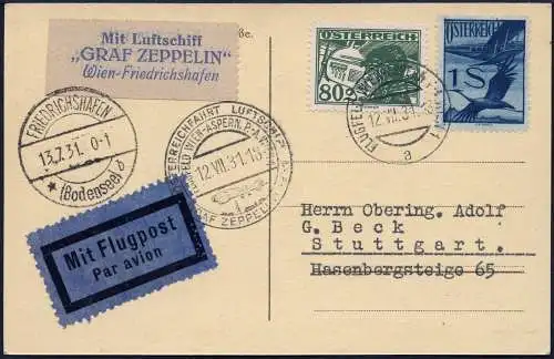 Zeppelin 1931 Österreich Österreichfahrt Wien Aspern Stuttgart Si 118 B / 2315