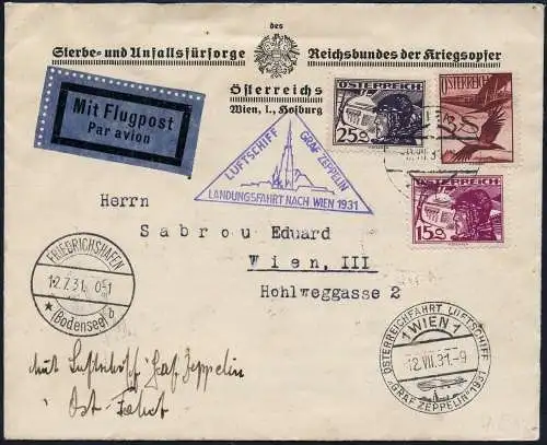 Zeppelin 1931 Österreich Österreichfahrt Zuleitung aus/nach Wien Si 116 / 2316