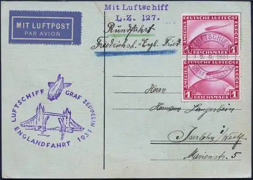 Zeppelin 1931 Dt. Reich Englandfahrt Bordpost 18.8.31 Iserlohn Si 122 Ab /2431