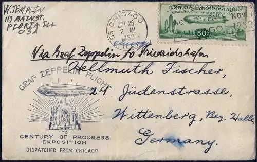 Zeppelin 1933 USA Chicagofahrt Chicago F`hafen Wittenberg Brief Si 244 C / 2433