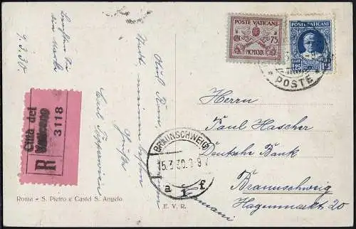 Vatikan 1930 Reko-Ansichtskarte Engelsburg MiF nach Braunschweig / 836