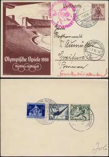 Zeppelin Dt. Reich 1936 Olympiafahrt Ganzsache FFM Greifswald Si 427 Bd / 1666