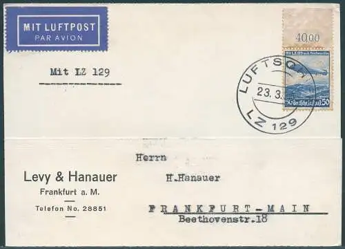 Zeppelin Dt. Reich 1936 1. Postfahrt Hindenburg Bordpost FFM Si 401 Bb / 1071