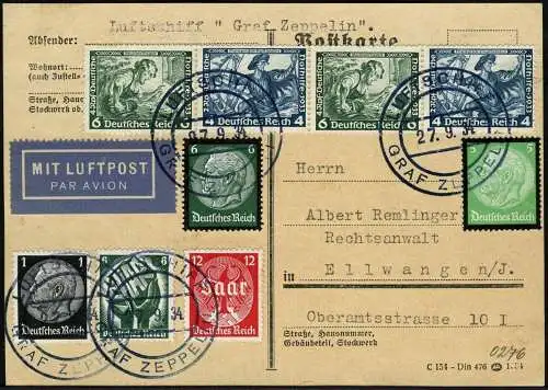 Zeppelin Dt. Reich 1934 Kurzfahrt Schweiz Bordpost Top-Frankatur Si 0276 / 1617