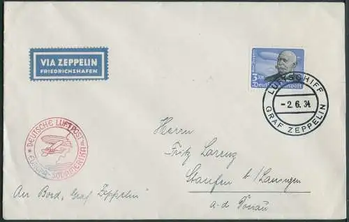 Zeppelin Dt. Reich 1934 1. SAF Bordpost Rückfahrt EF 3 RM Staufen Si 247 D/ 1871