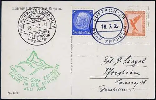 Zeppelin Dt. Reich 1933 Schweizfahrt Bordpost Übergabe F´hafen Si 222 B / 1864