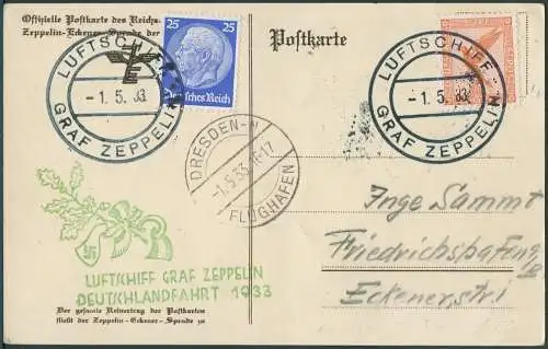 Zeppelin Dt. Reich 1933 Deutschlandfahrt Dresden Albert Sammt Si 201 Aa/ 1651