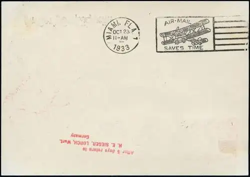Zeppelin Dt. Reich 1933 Chicagofahrt Bordpost Etappe Recife Miami Si 238 p/ 1390