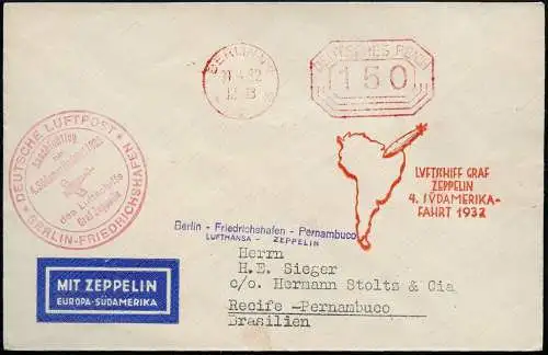 Zeppelin Dt. Reich 1932 4. SAF Anschlussflug Freistempel Berlin Si 157 C / 1572