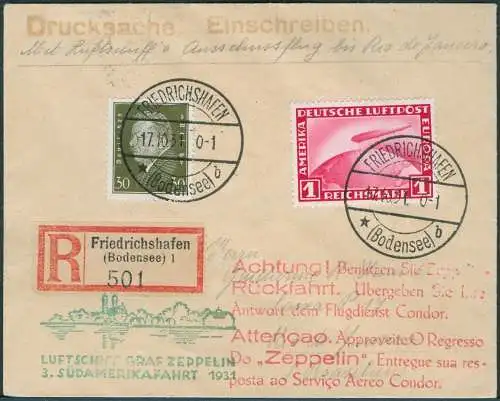 Zeppelin Dt. Reich 1931 3. SAF Reko-Drucksache F`hafen Rio 133 o / 1570