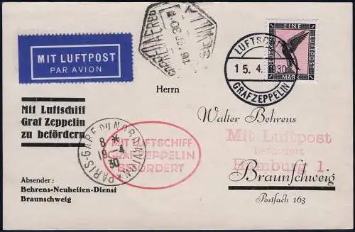 Zeppelin Dt. Reich 1930 Spanienfahrt EF Bordpost Sevilla Paris Si 52 Ab/1535