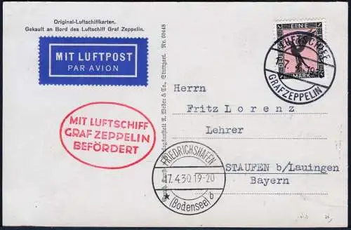 Zeppelin Dt. Reich 1930 Spanienfahrt Bordpost Rückfahrt 17.4.30 Si 52 C / 1797