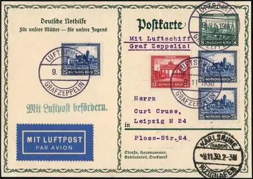 Zeppelin Dt. Reich 1930 Karlsruhe Bordpost Nothilfe MiF Leipzig Si 97 Ab / 1553