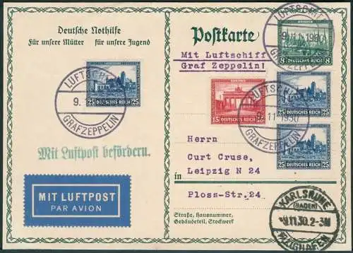 Zeppelin Dt. Reich 1930 Karlsruhe Bordpost Nothilfe MiF Leipzig Si 97 Ab / 1553