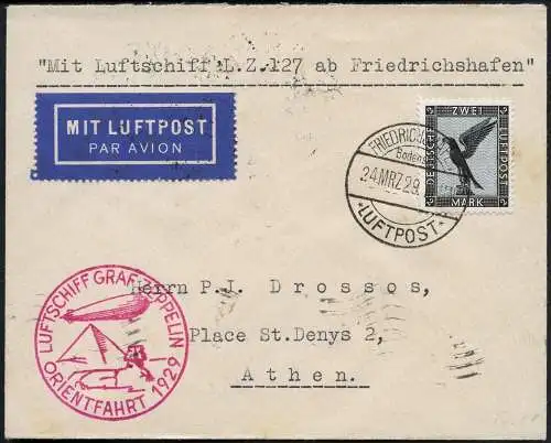 Zeppelin Dt. Reich 1929 Orientfahrt Type I Brief 2 RM EF Athen Si 23 IA / 1512