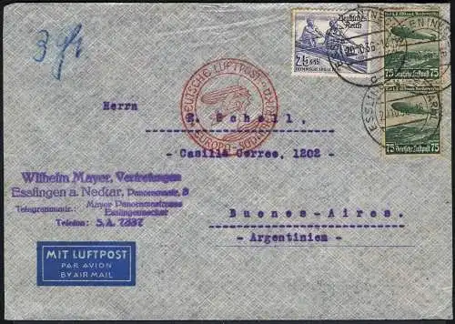 Zeppelin 1936 Dt. Reich 16. SAF LZ 129 Brief Esslingen Argentinien Si 443 B/2101