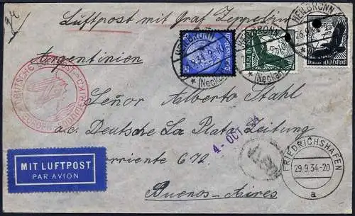 Zeppelin 1934 Dt. Reich 9. SAF Heilbronn Brief Argentinien Si 277 Aa / 2086