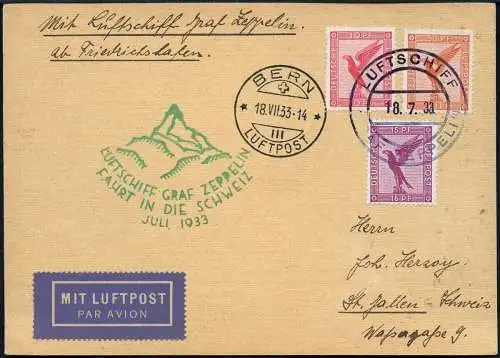 Zeppelin 1933 Dt. Reich Schweizfahrt Bordpost6 Abwurf Bern PK Si 222 Ab / 2244