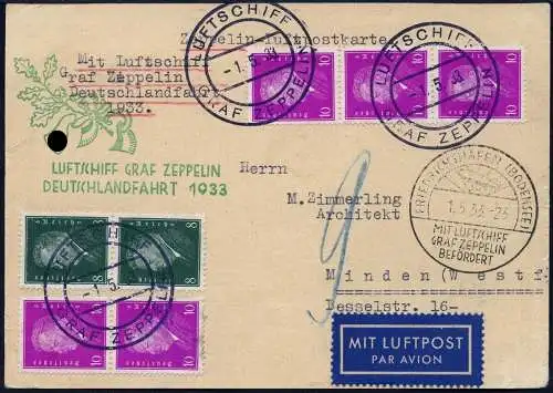 Zeppelin 1933 Dt. Reich Deutschlandfahrt Bordpost Rückfahrt Minden Si 201 B/2238