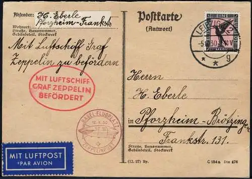 Zeppelin 1930 Dt. Reich Fahrt nach Leipzig Rückfahrt Attest BPP Si 92 Bb / 2191