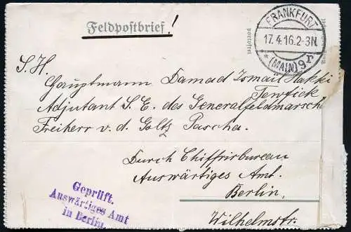 Dt. Militärmission Türkei 1916 Kartenbrief Tewfik Adjutant von Goltz Pascha / 44