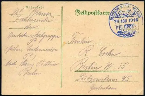Dt. Militärmission Türkei 1916 PK Feldpost blau Mossul Zahlmeister Berlin / 98