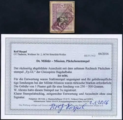 Dt. Militärmission Türkei Päckchen-Stempel Gleisspitze Bagdadbahn BPP RAR / 145