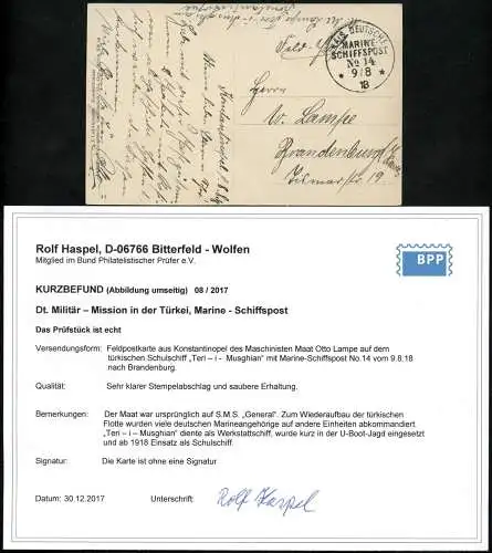 Dt. Militärmission Türkei 1918 AK MSP 14 Schulschiff Teri-i-Musghian BPP / 164