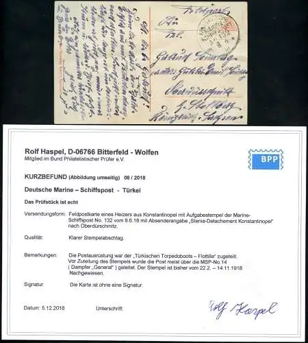 Dt. Militärmission Türkei 1918 AK S 165 via MSP 132 Torpedoboots-Flottille / 205