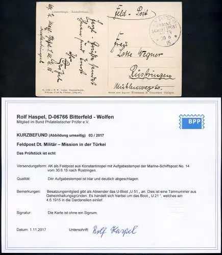 Dt. Militärmission Türkei 1915 AK von U 21 via MSP 14 nach Rüstringen BPP / 167
