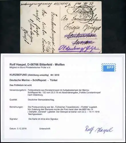 Dt. Militärmission Türkei 1918 AK via MSP 132 Torpedoboots-Flottille KB BPP/ 207