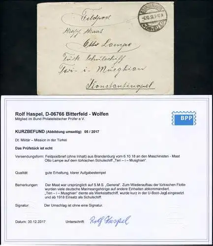 Dt. Militärmission Türkei 1918 Feldpost an Schulschiff Teri-i-Musghian BPP / 166