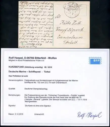 Dt. Militärmission Türkei 1918 AK via MSP 132 Torpedoboots-Flottille KB BPP/ 206