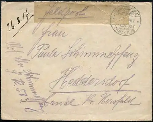 Dt. Militärmission Türkei 1917 Feldpostbrief Damaskus Homs nach Heddersdorf / 11