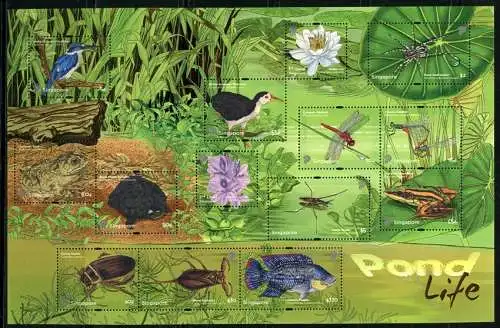 Singapur 2011 Tiere Teich Insekten Frösche Fisch Schildkröte Vogel Libelle MNH