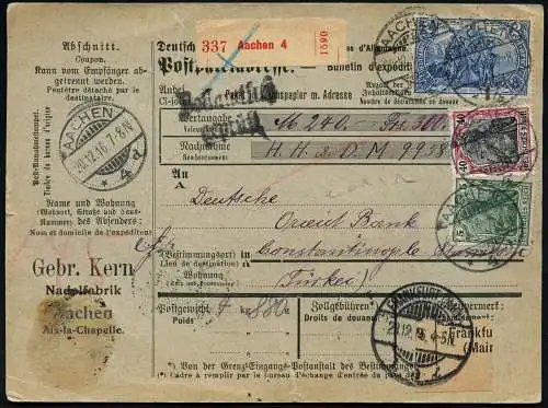 Dt. Militärmission Türkei 1916 Paketkarte Wert 240 RM an Orientbank Stamboul/ 42