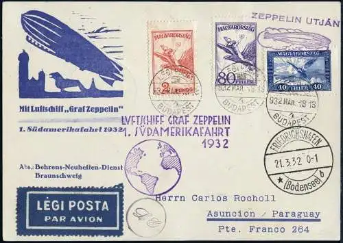 Zeppelin 1932 Ungarn 1. SAF Zuleitungspost Budapest Paraguay Si 138 / 2373