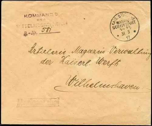 Dt. Militärmission Türkei 1917 Marinesache Brief Mittelmeerdivison MSP 14 / 148