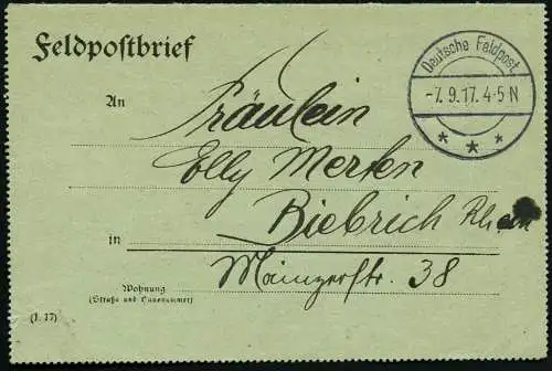 Dt. Militärmission Türkei 1917 Jildirim Kartenbrief Aleppo Lazarett Biebrich/116